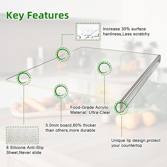 Acrylic Cutting Board with Counter Lip,23''x17"Large Clear Cutting Board for Kitchen Countertop,Non-Slip,60% Thicker,Perfect for Bread,Meat,Veggies & More,Great Kitchen Essential Gadgets & Decor