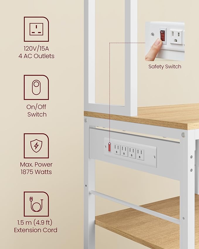 VASAGLE Bakers Rack with Charging Station, Coffee Bar, 15.7 x 31.5 x 71 Inches, Kitchen Microwave Stand, Adjustable Storage Shelves, Fabric Drawer, 12 Hooks, Golden Oak and Cloud White UKKS015Y03