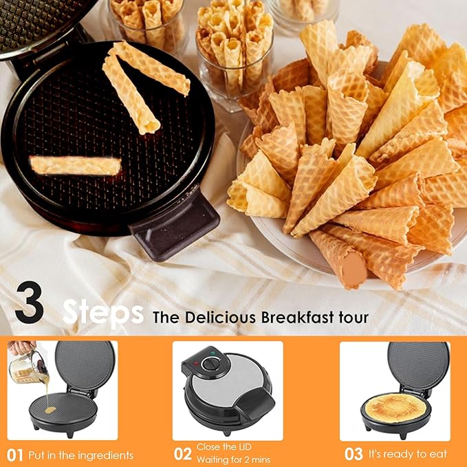 Mini Waffle Ice Cream Cone Maker, Homemade Ice Cream Cones 1200W Electric Nonstick Waffler Iron Machine, for DIY Home Kitchen Holiday Parties Baking, Get Home Ice Cones in 2 Minutes