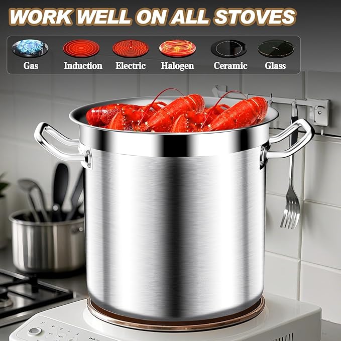 Large Stock Pot - Stainless Steel Stockpot with Lid - Heavy Duty Tri-Ply Bottom Commercial Grade Soup Pot for Cooking Soup, Stew, Canning, Oven, Gas, Ceramic, Dishwasher Safe