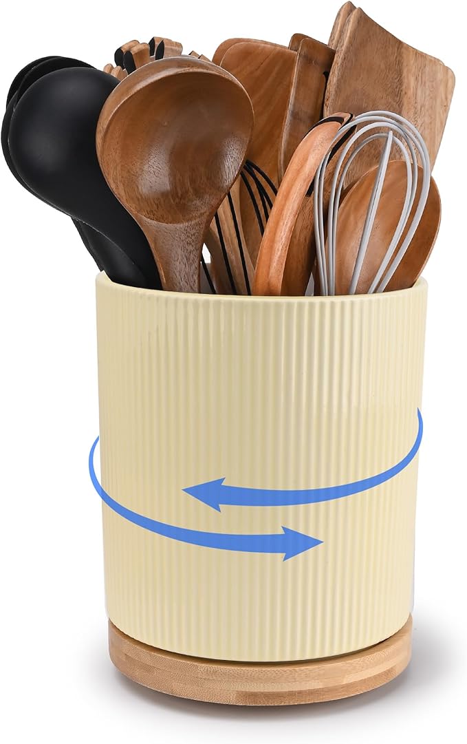 QUELIEN 360° Rotating Ceramic Utensil Crock - Large Kitchen Counter Organizer with Cork Base, Elegant Home Decor for Cooking Tools, Housewarming,Mothers Day & Christmas Gift Ideas (Cream Yellow)