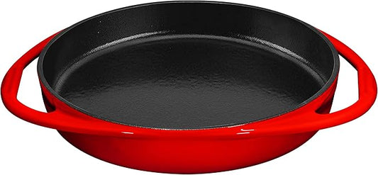 Bruntmor 9.5-Inch Red Enameled Cast Iron Pan - Oven Safe Deep Dish Pizza Pan with Dual Handles - Pie Dish for Baking - Even Heat Distribution - Durable Nonstick Enamel Finish for Versatile Cooking