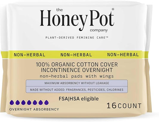 The Honey Pot Company ?€? Incontinence Pads for Women - Non-Herbal Overnight - Bladder Leak Control - Organic Cotton Cover & Ultra-Absorbent Pulp Core - Feminine Care - 16 ct