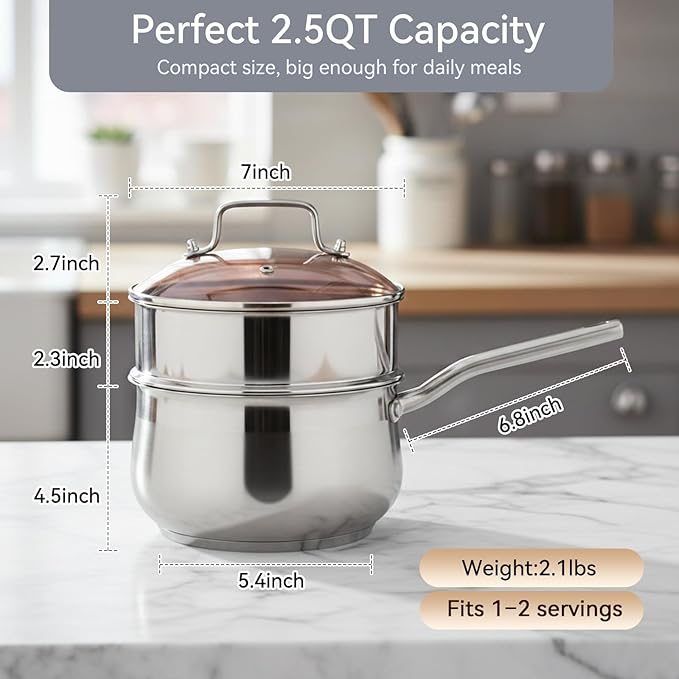2.5QT Stainless Steel Saucepan with Steamer Basket and Glass Lid, 18/8 Food Grade Small Soup Pot with Steamer Insert, Induction Compatible, Heavy Duty Multi-Purpose Pot for Cooking & Steaming