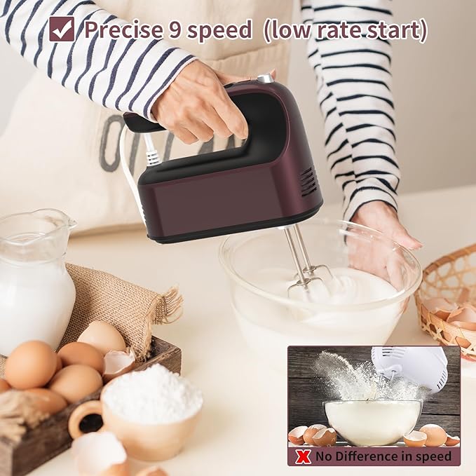 9-Speed Digital Hand Mixer Electric, 400W Powerful DC Motor, Hand Mixer Electric Handheld with Snap-On Storage Case, 5 Stainless Steel Accessories, Beaters, Dough Hooks, Whisk(Grape Purple)