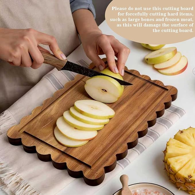 3 Pcs Acacia Wood Scalloped Cutting Board Set, Decorative Cutting Boards Bread Charcuterie Board for Grandmillenial Cottagecore Kitchen Decor Cheese Meat Fruit Bread Chopping Blocks (Classic Style)