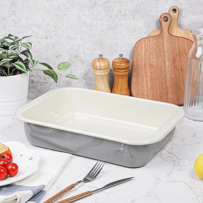 Webake Enamelware 9x13 Baking Pan with Lid, Oblong Cake Pan Enameled Steel Roasting Pan Baking Dish Lasagna Pan Food Containers