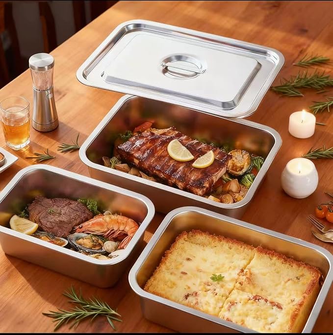 4 Inch Deep Baking Pan with Lid, 2 Pack Stainless Steel Lasagna Pan, 7.4QT+9.2QT Large Roasting Pans with Lid, Rectangle Baking Sheet for Oven