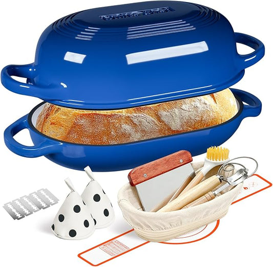 Enameled Cast Iron Dutch Oven for Bread Baking - incl. Sourdough Bread-Baking Supplies like Banneton Bread-Proofing Basket - 5QT Loaf Cast Iron Bread Oven Pan with Lid Meatloaf Pan with Lid, Sour Sough Tools, Lame(Blue）