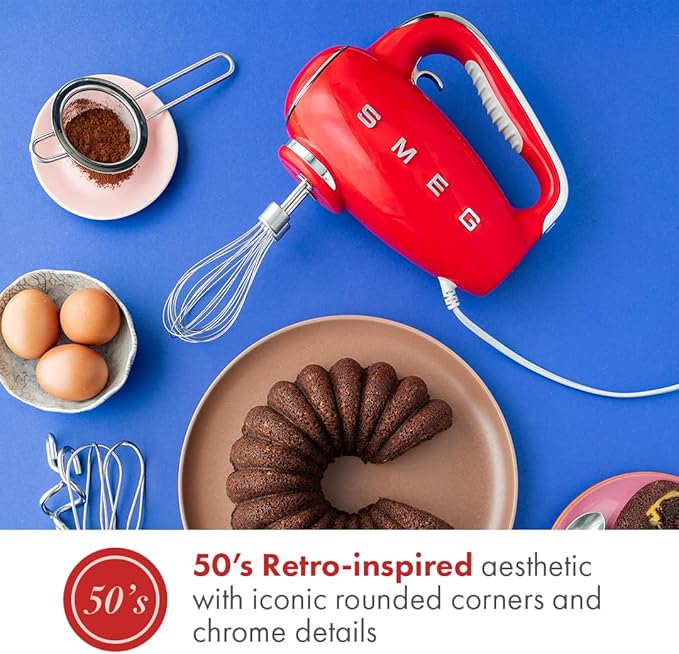 SMEG HMF01 9-Speed Retro Hand Mixer – 220W Motor, Smooth Start, Turbo Function, LED Timer Display, Stainless Steel Whisks, Beaters & Dough Hooks, Premium Die-Cast Aluminum Body