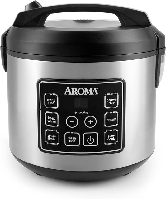 AROMA® 20-Cup (Cooked) / 10-Cup (Uncooked) Digital Rice Cooker, Multicooker, Slow Cooker, Steamer, Flash Rice, Keep Warm, Sensor Logic® Technology, Stainless Steel Exterior
