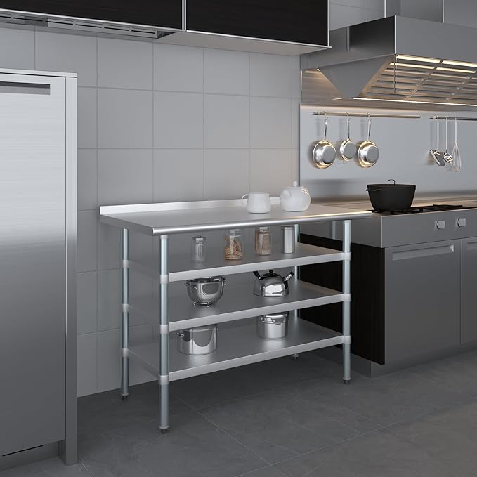 AmGood Stainless Steel Work Table with 1.5" Backsplash and 3 Shelves | Metal Kitchen Food Prep Table | NSF (48" Long x 24" Deep)