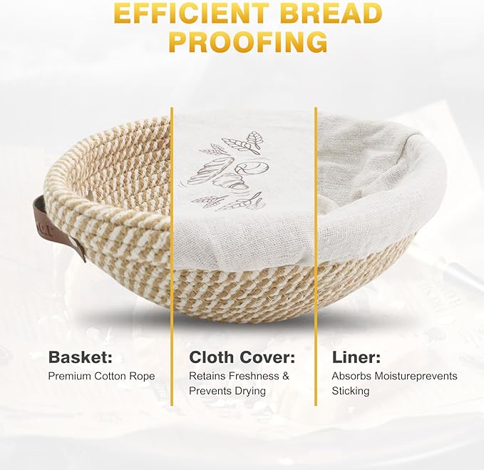 Banneton Bread Proofing Basket Set of 2, 9 Inch & 10 Inch Round Cotton Rope Sourdough Bread Baking Supplies Proofing Bowls with Liners & Covers Gifts for Bakers Women Wife Mom