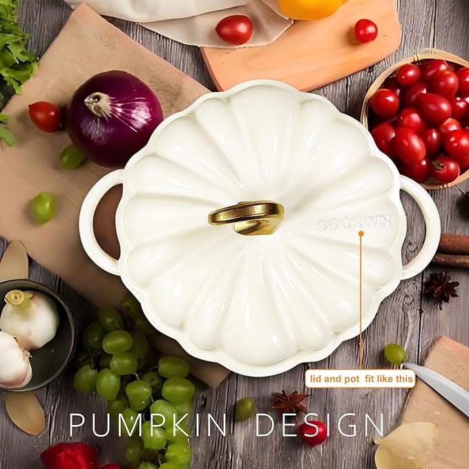 Pumpkin Cast Iron Dutch Oven with Lid, 4.5 QT Heavy-Duty Enameled Pot with Dual Handles, Serves 3-5, Oven Safe for Bread Baking, Braising, Cooking and Family Gifts, White