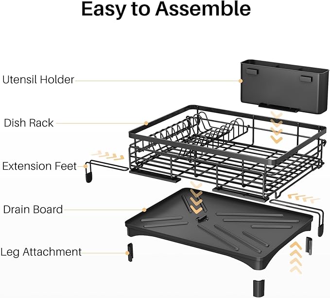 Dish Drying Rack, Extendable Dish Rack, Large Sink Drying Dish Drainer for Kitchen Counter, Carbon Steel Dish Strainer with Utensil Holder,Black