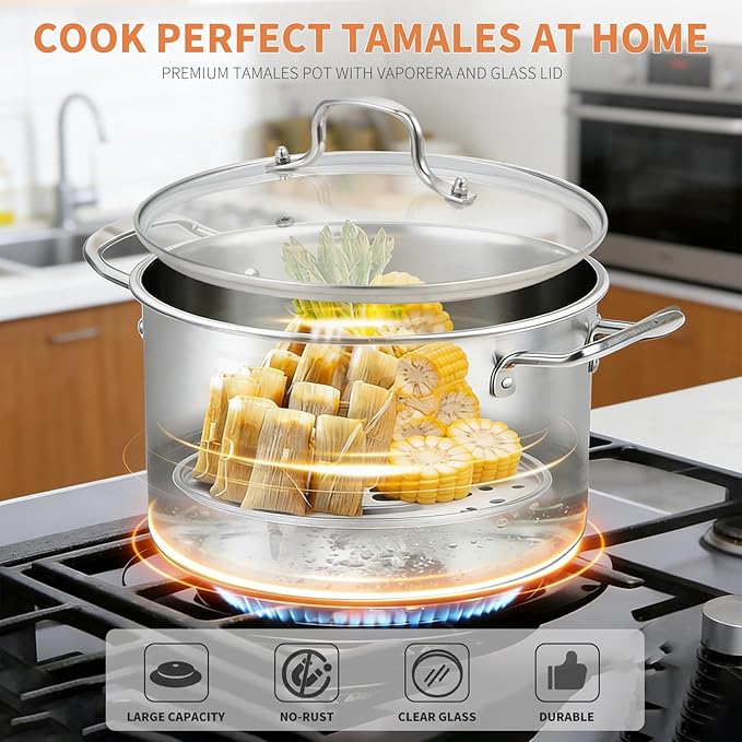 Ollas Para Tamales, 5.5 Quart Stock Pot with Steamer Insert and Glass Lid, Stainless Steel Steamer Pot, with Multi-Hole Vaporera, Large Capacity Cookware for Even Cooking, Ideal for Steaming Tamales