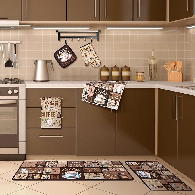 10 Pcs Coffee Kitchen Decor and Accessories Coffee Oven Mitts and Pot Holders Set Dish Towels Farmhouse Kitchen Decor Vintage Brown Gloves for Chef Baking Cooking Grilling BBQ Women Gift