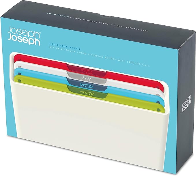 Joseph Joseph Folio Icon 4-Piece Multi Colour coded Cutting Board Set, Slimline case for organized Kitchen storage, White