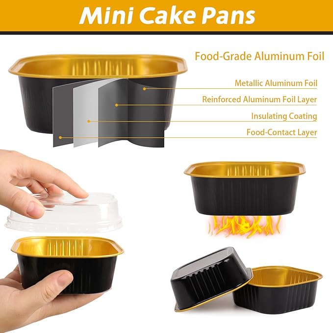 200 Pack 8 oz Black Gold Mini Aluminum Cake Pans with Lids and Spoons, Disposable Square Baking Cups, Oven Safe Foil Ramekins for Individual Desserts, Cupcakes, Cheesecakes Ramekins Muffin
