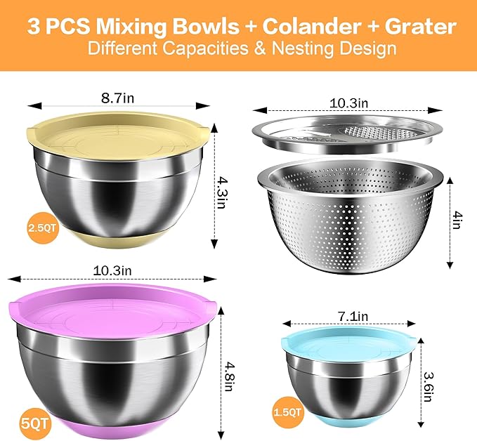 Mixing Bowls with Airtight Lids, Stainless Steel Mixing Bowl Set with 3 Metal Nesting Bowls, Colander & Grater, Non-Slip Bottoms, Size 1.5, 2.5, 5 QT, Great for Mixing & Serving, Mutilcolor