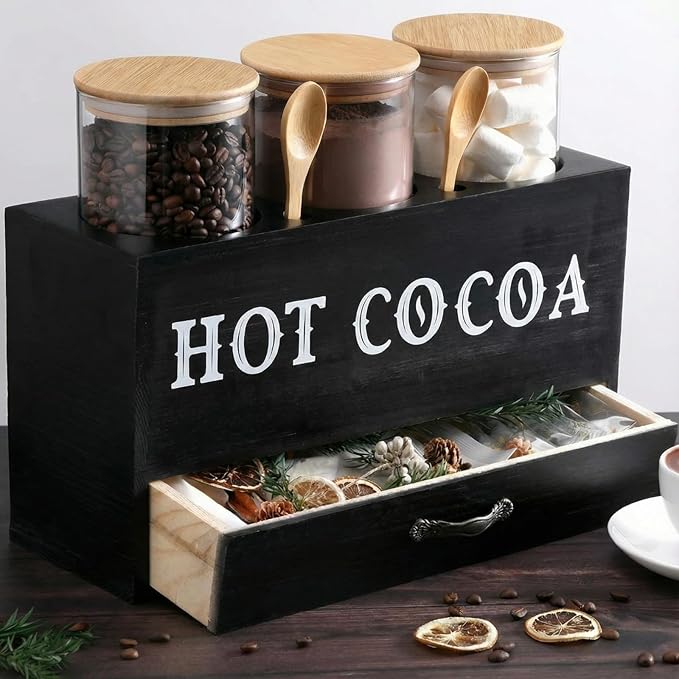 LemonRoad 3 Pcs Hot Cocoa Bar Accessories Wooden Hot Chocolate Bar Organizer with Glass Jar and Spoon Coffee Sugar Container Set Cocoa Container Box with Drawer for Kitchen Winter Pantry Storage