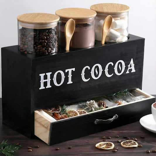 LemonRoad 3 Pcs Hot Cocoa Bar Accessories Wooden Hot Chocolate Bar Organizer with Glass Jar and Spoon Coffee Sugar Container Set Cocoa Container Box with Drawer for Kitchen Winter Pantry Storage