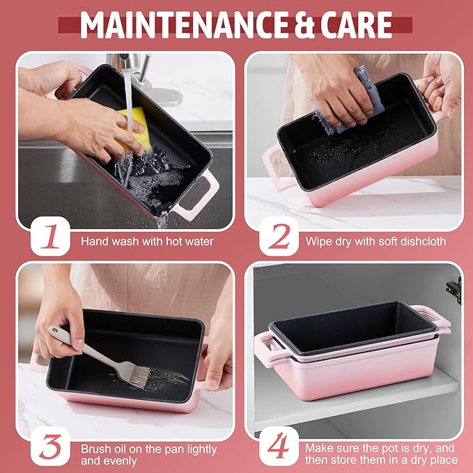 P&P CHEF 2-In-1 9 x 5 Inch Cast Iron Loaf Pan with Lid (Pink), Bread Loaf Pans for Baking Homemade Sourdough Bread, Meatloaf, Toast, Cake, Nonstick & Healthy & Sturdy, 2 Piece Set