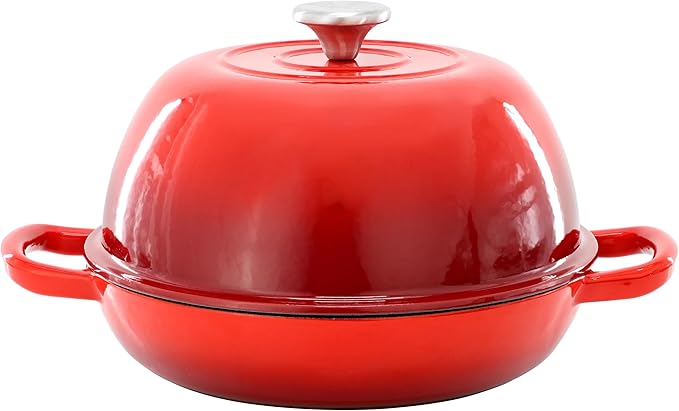 MegaChef 6 Quart Enameled Cast Iron Bread Pot in Red with Baking Mat, Dutch Oven, Bread Oven for Homemade Bread (Red)