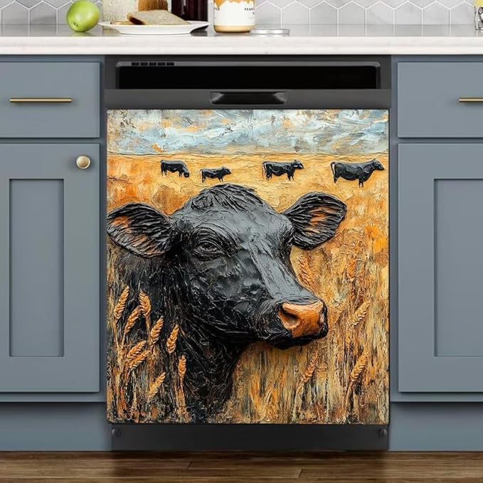 Black Cow in Wheat Field Dishwasher Magnet Cover, Rustic Farm Animal Refrigerator Magnetic Vinyl Sticker for Dishwasher Door, Decorative Kitchen Appliance Panel Decal, 23Wx26H Inches
