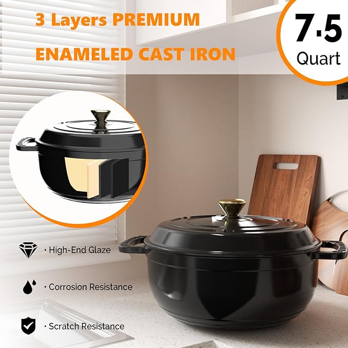 ROVSUN Enameled Cast Iron Round Dutch Oven, 7.5QT Pot with Lid &Dual Handles with Silicone Gloves,Oven Safe up to 500°F, Heavy-Duty Pre-Seasoned Cookware for Bread Baking, Braising, Stews, Roasting,Black