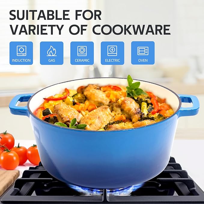 2 in 1 Enameled Cast Iron Dutch Oven Pot 6QT with 2QT Lid - Big Dual Handles - Oven Safe up to 500°F - Classic Round Pot for Versatile Cooking Blue