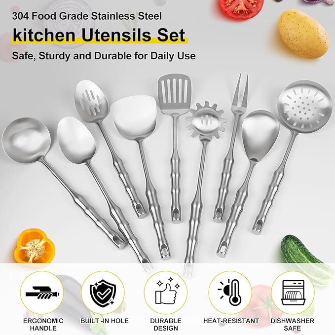 18/10 Stainless Steel Cooking Utensils Set,9pcs Metal Kitchen Utensil Sets 14 inch Long Heavy Duty Kitchen Tools Dishwasher Safe, Include Soup Ladle, Slotted Skimmer Spoon, Spaghetti