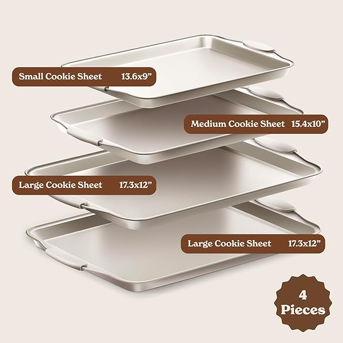 Country Kitchen Nonstick Stackable Bakeware Set - Heavy Duty, Durable, Easy Release Baking Set, Cream, 4 Pcs