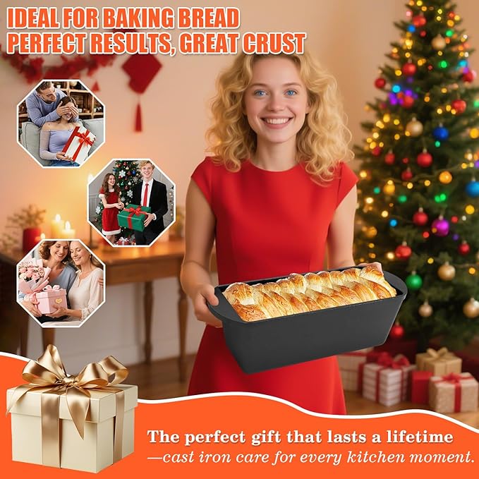 QuliMetal 14×5.5 Bread Loaf Pan, Oval Cast Iron Bread Pan With Lid,Sourdough Artisan Bread Baking Pan, Pre-Seasoned, 3.2QT, With Sourdough Starter Kit, Sourdough Artisan Bread Baking Pan