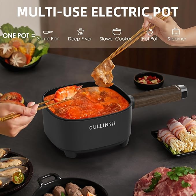 2L Hot Pot Electric with Steamer, Portable Electric Pot with Upgrade Titanium Nonstick Coating for Dorm, Office, Travel, Multi Cooker Pot for Ramen, Soup, Oatmeal (Tongs Included)