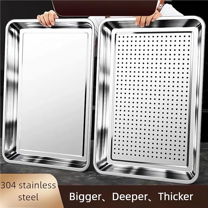 Extra Large 23.5"x15.5" Heavy Duty Commercial Grade 304 Stainless Steel Baking Sheet Set - 2Pcs Cookie Sheets,Uncoated & Non-Toxic, Solid & Perforated Pans for Roasting,Draining,and Food Prep