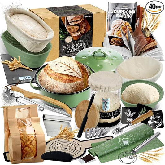All-Inclusive 𝗣𝗥𝗘𝗠𝗜𝗨𝗠 Sourdough Starter Kit with Pot, 34 Oz Starter Jar, 4 Banneton Bread Proofing Baskets, Scraper, Scale, Sourdough Bread Baking Supplies, Beginner Guide & Recipes