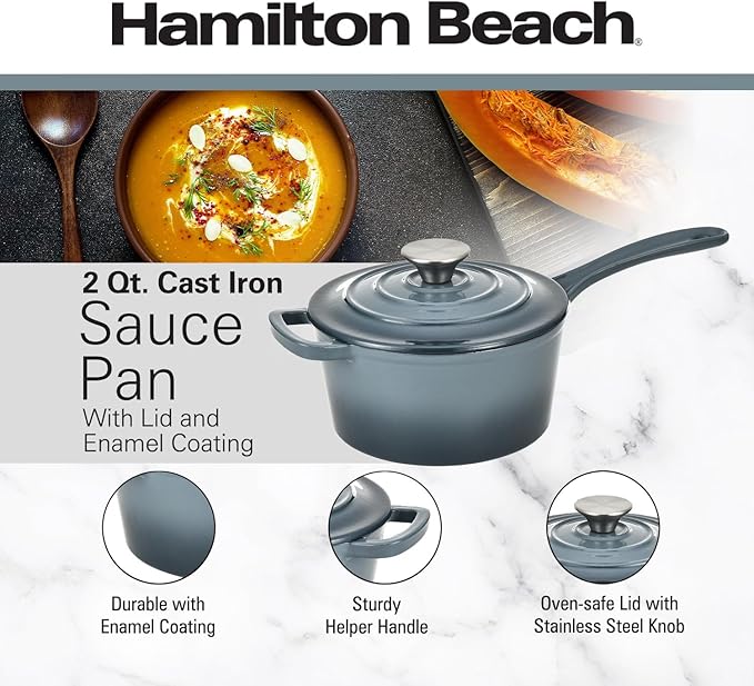 Hamilton Beach Enameled Cast Iron Sauce Pan 2-Quart Slate, Cream Enamel coating, Pot For Stove top and Oven Cooking, Even Heat Distribution, Safe Up to 400 Degrees, Durable