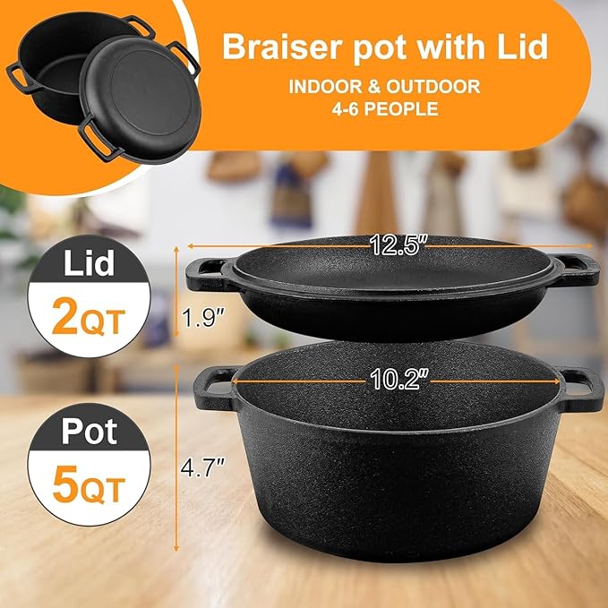 5QT Cast Iron Dutch Oven with Lid and with Double Handle for Bread Baking,Cast Iron Skillet Cooking Pan Heat Resistant,Non-Stick, Includes Bread Baking Supplies and Cleaning Brush.