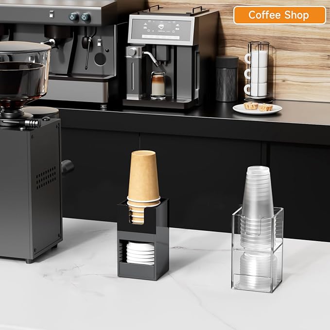 Beego 2-Compartment Cup Holder for Countertop - 2-Tier Black Acrylic Cup Dispenser Coffee Station Paper Cup and Lid Organizer Condiment Storage for Restaurant Breakroom Kitchen Bar Accessories