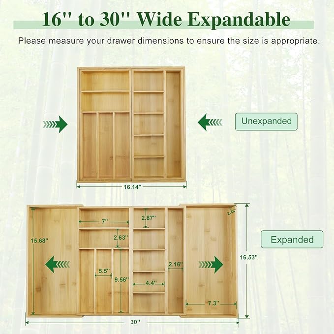 MH MYLUNE HOME Large Bamboo Expandable Drawer Organizer, Silverware Organizer for Drawers, 16 to 30 Inches Wide, 7-13 Slots, Kitchen Drawer Organizers for Utensils, Bamboo Wood Cutlery Organizers