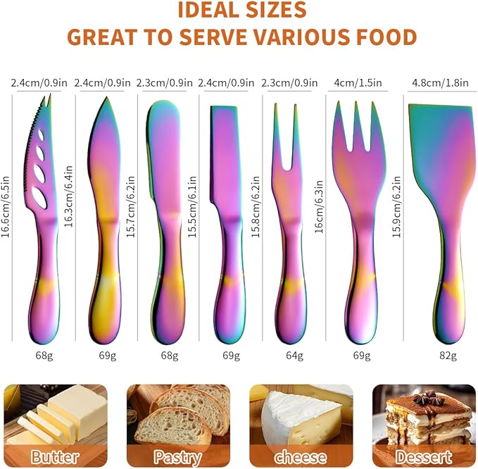 Rainbow Cheese Knives Set Stainless Steel Kitchenware Gadgets 7 Pieces include Colorful UtensilsCheese Knife,Cheese Spreader,Color Cheese Forks, Cheese Slicer,Cheese Cutter, Butter Knife