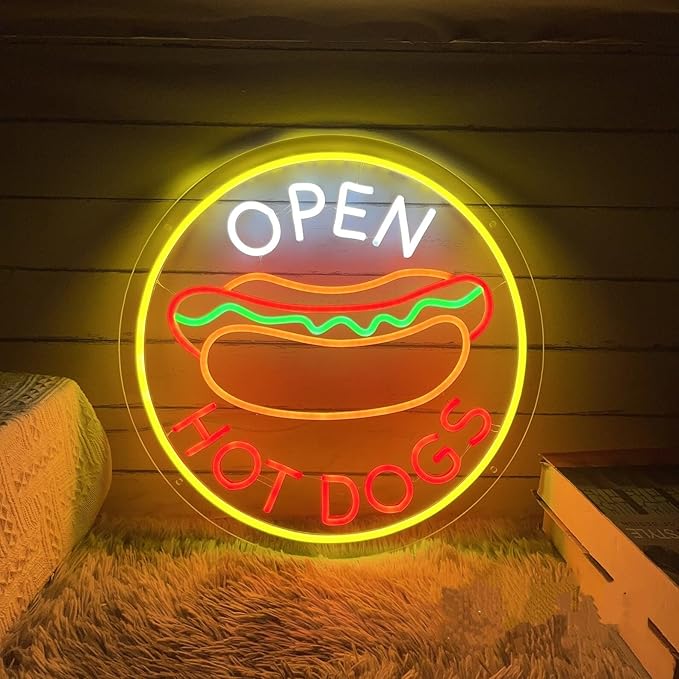 Open Hot Dogs Neon Signs Dimmable LED Neon Lights for Restaurant Business Signs for Fast Food Shops Accessories Light Up Sign for Snack Bar Wall Decor