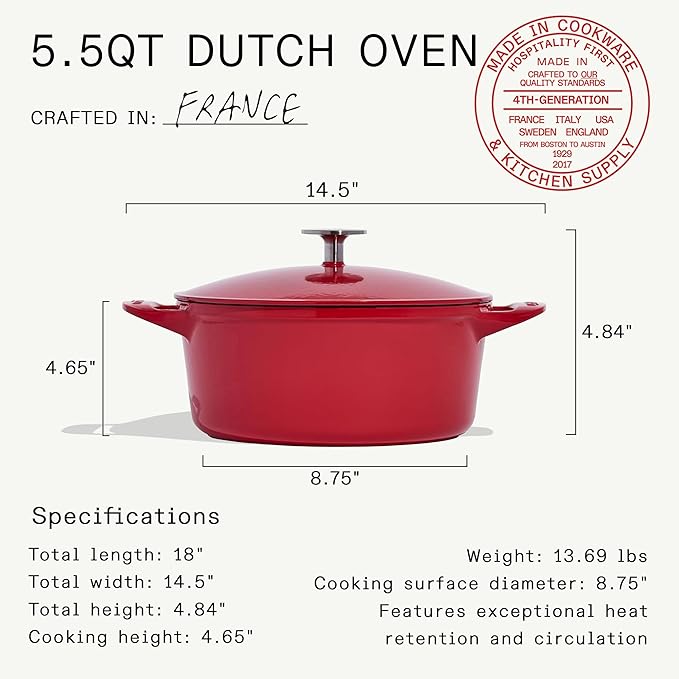Made In Cookware - Dutch Oven 5.5 Quart - Red - Enameled Cast Iron - Exceptional Heat Retention & Durability - Professional Cookware - Crafted in France - Induction Compatible