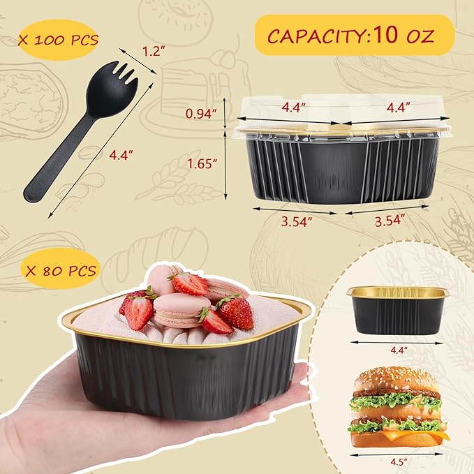 LNYZQUS 10oz/80pack Mini Cake Pans with Lids, Small Foil Baking Tins Brownie Baking Cups,4”x4” Disposable Ramekins Jumbo Cupcake Muffin Pan Mini Aluminum Containers Holders-Black