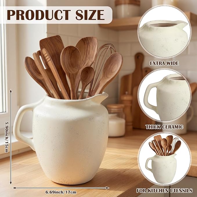 Rustic Kitchen Utensil Holder with Handle,7 Inch Ceramic Vintage Utensil Crock for Countertop, Farmhouse Kitchen Decoration Ceramic Pot for Spatulas Spoons Tongs(Novelty,Antique Cream)