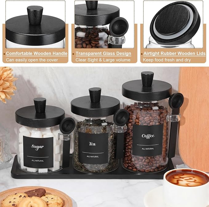 Suclain 3 Pcs Glass Coffee Container with Wooden Lid Spoon Shelf Labels Clear Airtight Jar Food Storage Canister Set for Sugar Spice Coffee Bean Holder Housewarming Gift (13.5,20,25 oz,Black Bamboo)