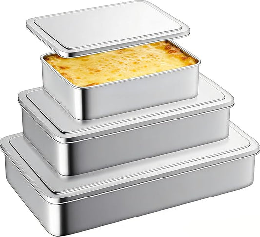 Stainless Steel Baking Pan with Lid, Set of 3 Large Cake Pan, 17/13/11 Inch Baking Sheet Lasagna Pan with Lid, Rectangle Sheet Roasting Pan, Cake Pans with Cover, Dishwasher Safe