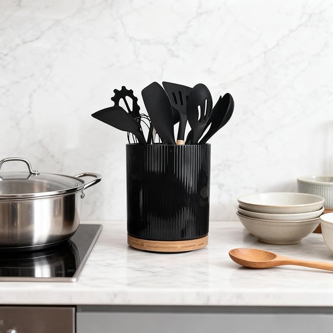 360° Rotating Kitchen Utensil Holder for Countertop, Large Ceramic Utensil Crock Organizer with Non-Scratch Cork Base, Farmhouse Black Cookware Storage Jar, Ideal Housewarming Gift & Christmas Gift