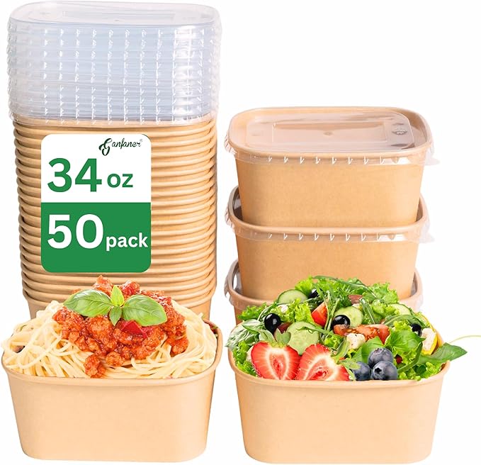 34 OZ Disposable Bowls,50 Sets Square Kraft Paper Salad Bowls with Lids, Oil-Proof Soup Bowls Microwave Freeze, Perfect for Disposable Meal Prep Food Container Takeout